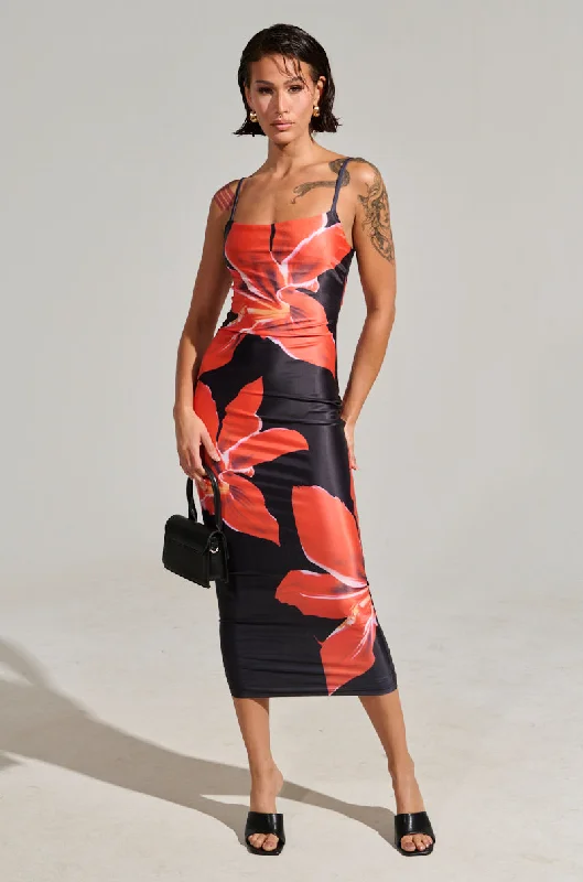 SUMMER LOVIN FLORAL SATIN MIDI DRESS