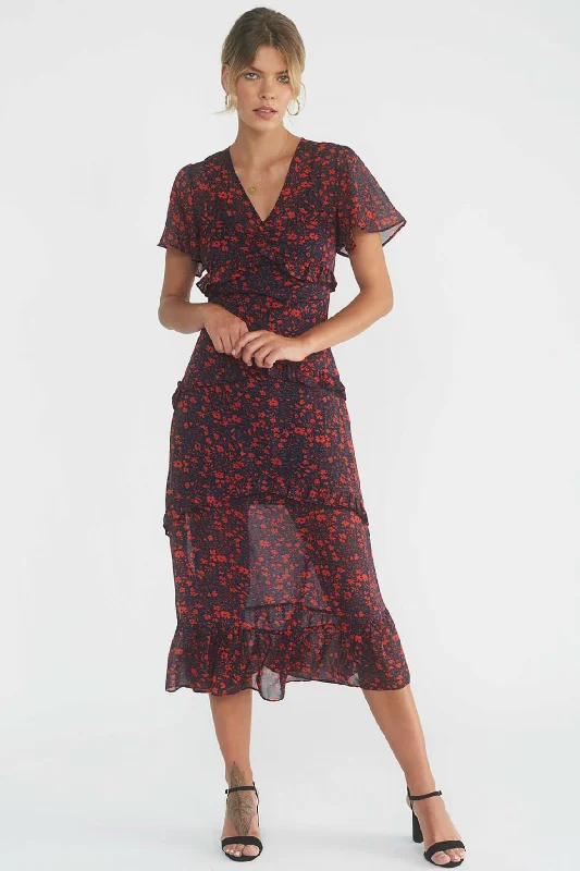 Edwina Dress Red Romantic Floral Skirt