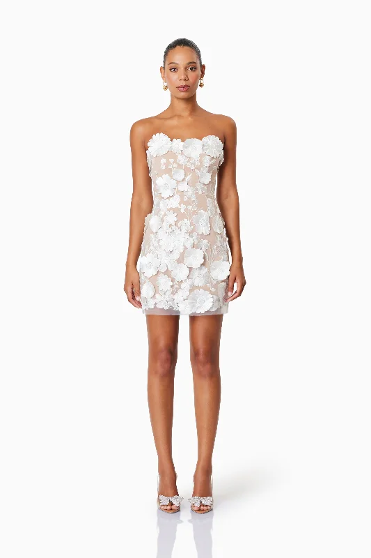 Arabella Strapless Mini Dress In White Sleek Floral Skirt