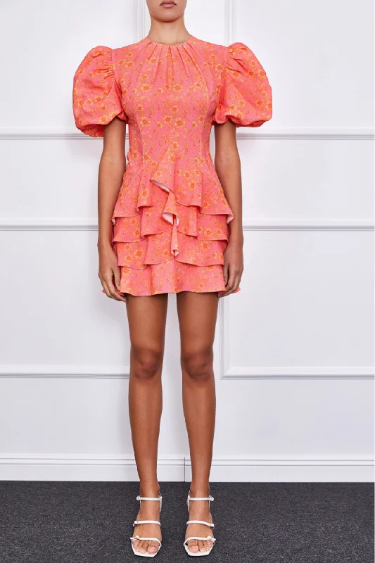 Camellia Puff Sleeve Dress (Orange/Pink) Elegant Floral Midi