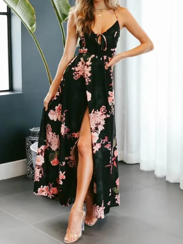 Floral Print Spaghetti Strap Back Cross Split Beach Maxi Dress