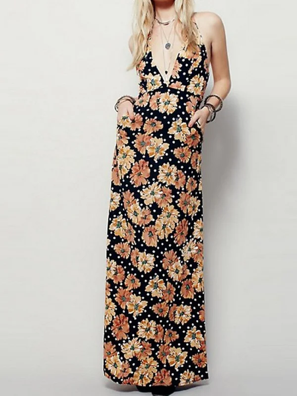 Floral Print Spaghetti Strap Beach Maxi Long Dress Vintage-Inspired Floral