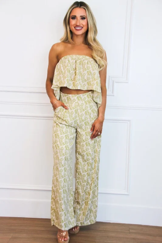 June Printed Strapless Open Back Crop Top: Light Green/Cream Soft Flowy Skirt