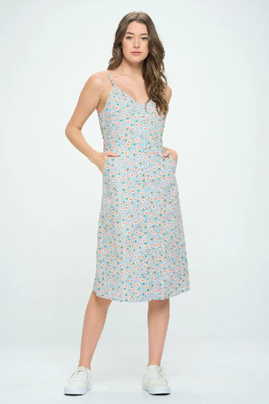 White Daisy All Over Print Spaghetti Strap Midi Dress