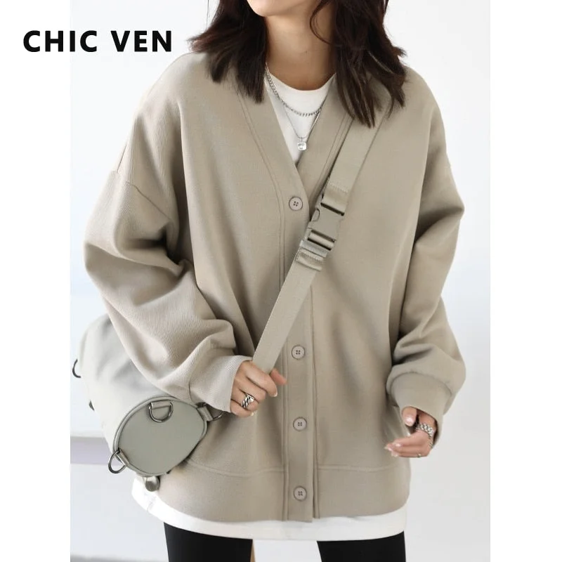 Autumn Winter Women Sports Coat Casual Loose V-neck