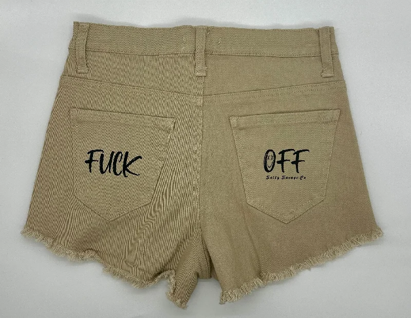 Salty Savage Ladies High Rise “FUCK OFF” Distressed Stretch Jean Shorts | Khaki Stretch-Fit Athletic Shorts