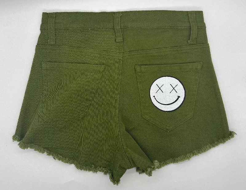 Salty Savage Ladies High Rise “OG Smile” Distressed Stretch Jean Shorts | Olive Ripped Jean Shorts