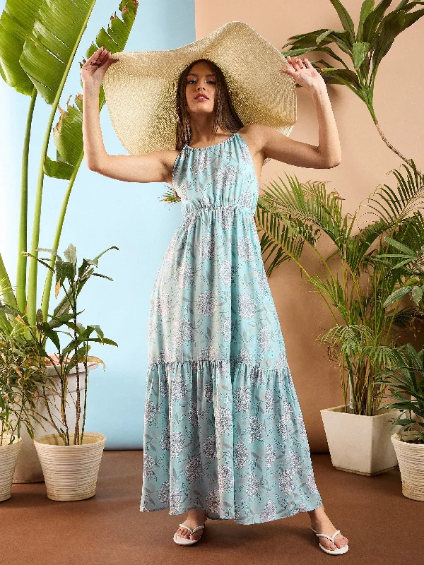 Women Blue Floral Back Less Maxi Dress